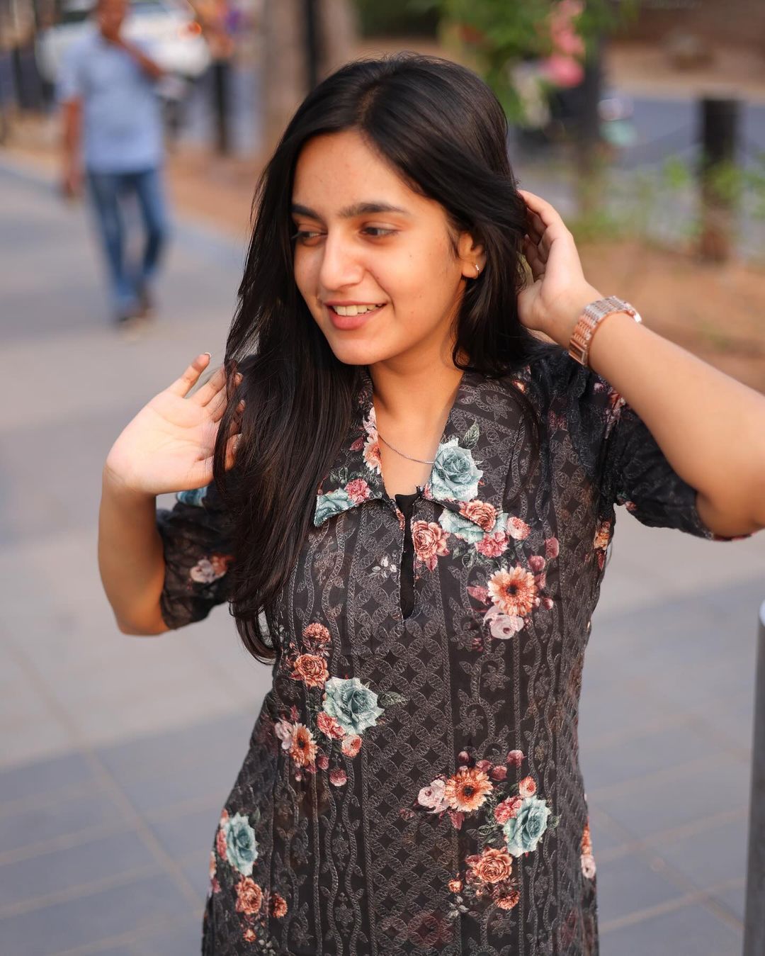 Black floral Georgette top with puff sleeve - Studio Thari